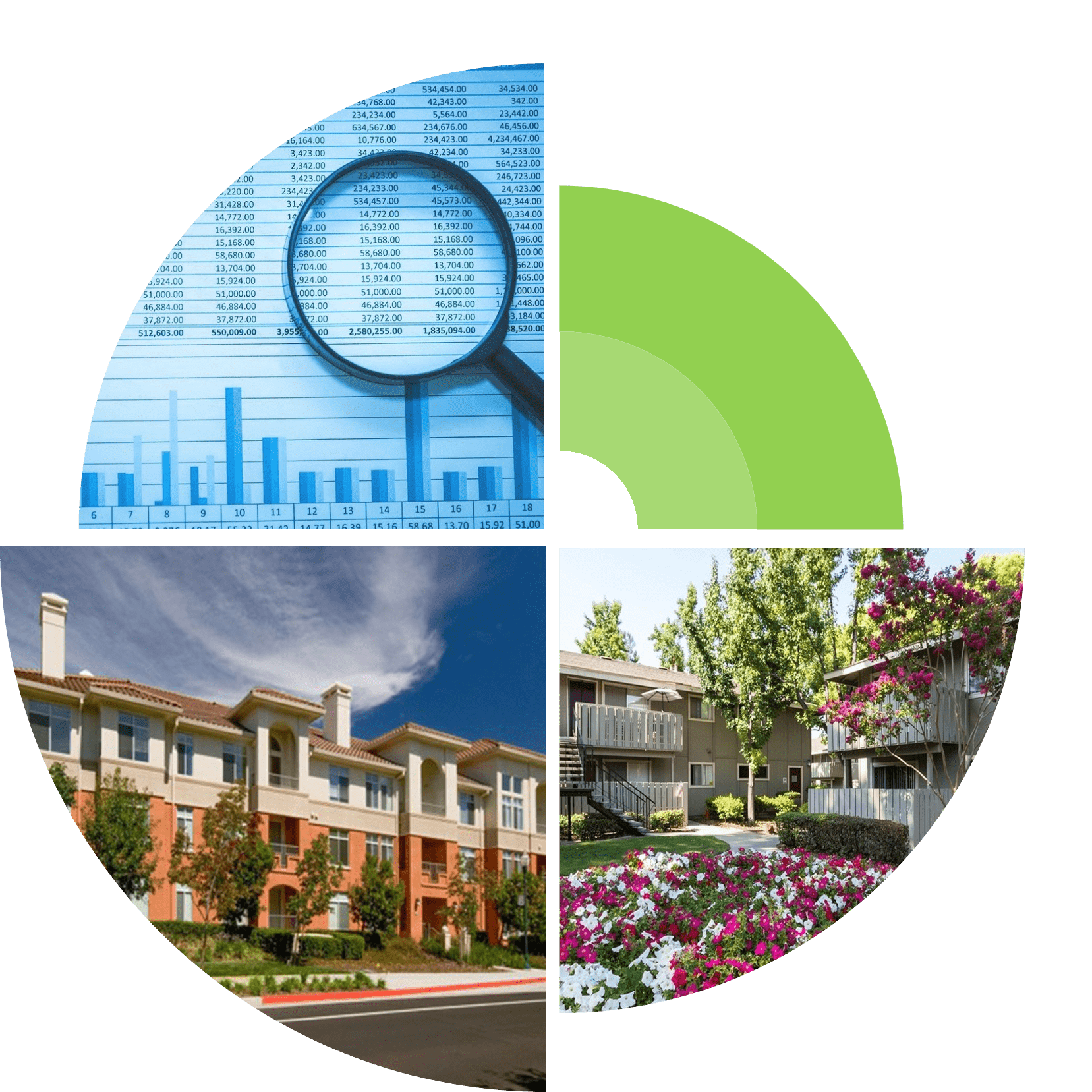 im A circular image of houses and buildings with magnifying glass.