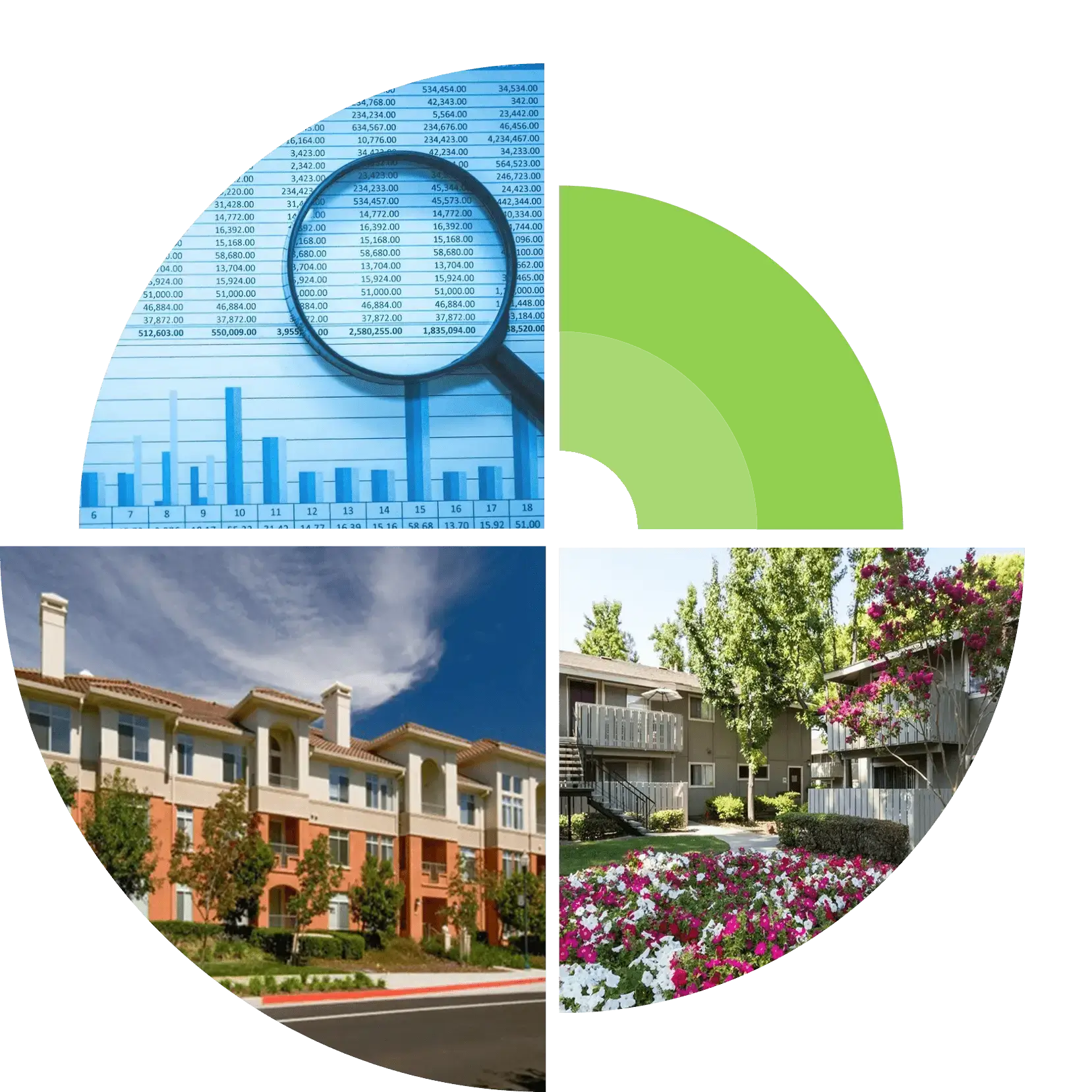 Real estate collage with chart and buildings.